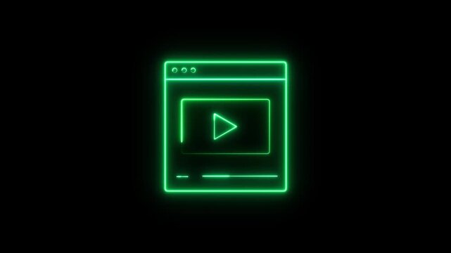 Glowing neon video player interface animation with play button inside a modern browser window on black background. Futuristic streaming media and digital content concept.