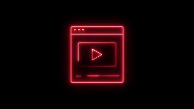 Futuristic neon media player animation featuring a glowing browser window and play icon. Perfect for streaming services and technology presentations.