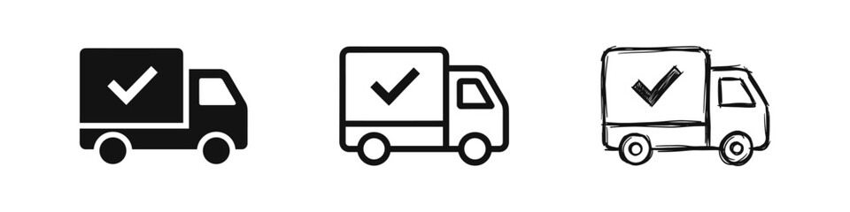 Plakat Delivery truck with check mark icon set, shipping confirmation and successful logistics symbol