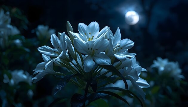 A cluster of white flowers under a full moon at night in a garden