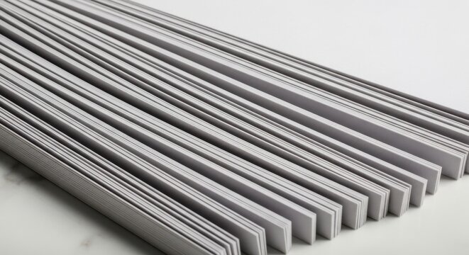 Fanned stack of identically sized smooth white paper sheets creating a clean, ordered linear pattern