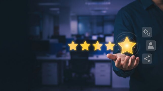 Customer Feedback and Rating Concept: Hand Completing Five-Star Holographic Review in Moody Corporate Office