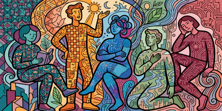 Abstract Human Connection and Emotional Intelligence Concept Illustration Featuring Diverse People, Psychology, Communication, Self Awareness and Mental Wellness in Contemporary Art Style