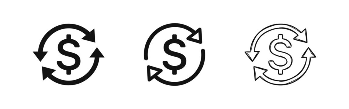 Dollar Sign with Circular Arrows Icon Set for Money Exchange, ROI and Financial Recycling Concepts
