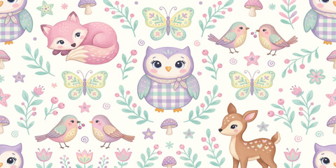 Fototapeta premium Cute Pastel Woodland Animals Seamless Pattern Featuring Owl Deer Fox Love Birds Butterflies Flowers and Forest Elements for Nursery Design