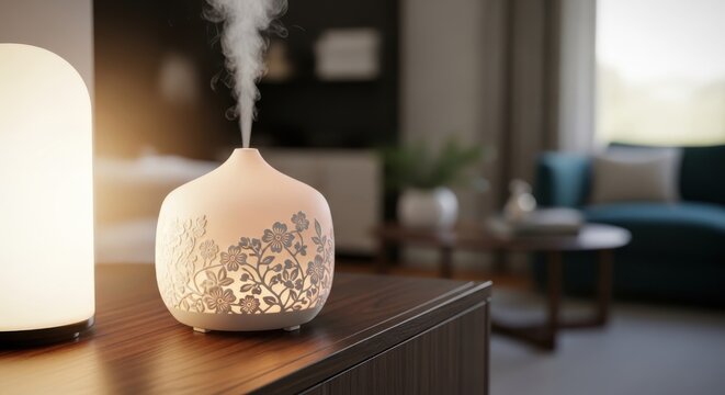 Ceramic aroma diffuser with subtle floral etchings emitting a gentle mist, creating a tranquil home ambiance.