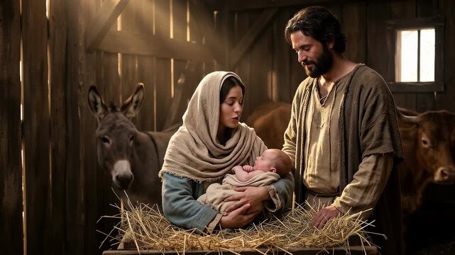 Biblical nativity scene featuring Virgin Mary and Joseph looking lovingly at baby Jesus resting in a hay manger inside a rustic brown wooden stable celebrating sacred christmas holiday