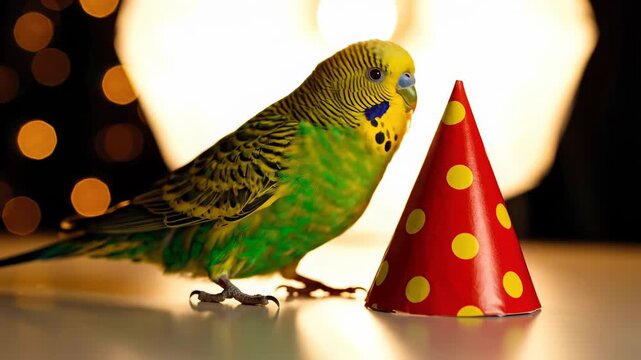 A Colorful Budgerigar Parrot with a Party Hat - A Festive Celebration.