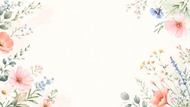 Delicate Watercolor Floral Frame with Soft Pastel Blooms and Greenery for Elegant Designs