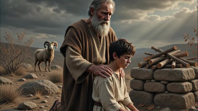 Biblical scene showing faithful Abraham preparing to sacrifice his son Isaac on a brown stone altar with wood while a ram stands nearby conveying deep religious devotion and faith