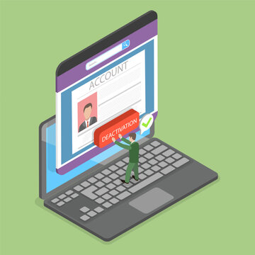 3D Isometric Flat Vector Illustration of Account Deactivating, Man Presses Deactivate Button To Delete His Social Media Account.