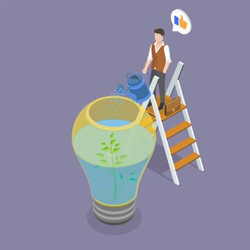 3D Isometric Flat Vector Illustration of Watering An Idea, Innovative Approach To Sustainable Solutions With Businessman Nurturing Creativity In Lightbulb