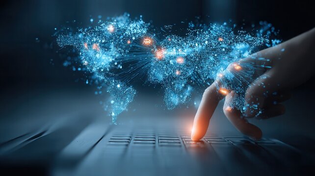 Hand touching keyboard with global network map connecting data across the world digital transformation concept