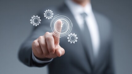 Obraz premium Businessman's hand interacting with a digital interface featuring a clock and gears representing smart planning for success