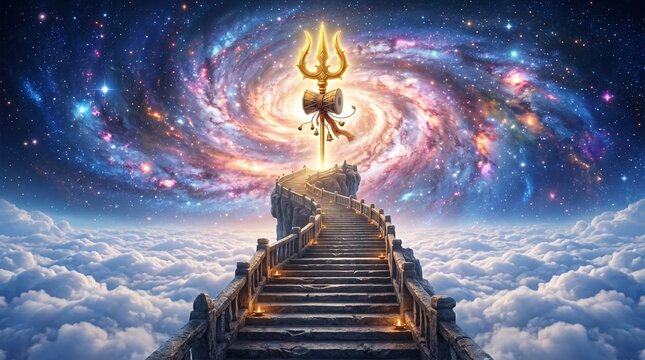 A wide-angle, cinematic digital art piece featuring a grand stone staircase ascending above a sea of soft white clouds. At the top of the stairs stands a golden Trishula (Shiva's trident) with a damru