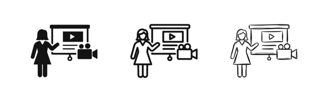Woman Educator Video Presentation and Webinar Icon Set