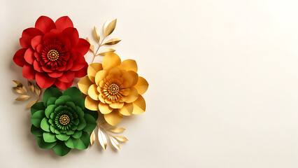 Obraz premium Elegant paper flower artistry in red, yellow, and green, celebrating rich cultural pride and heritage