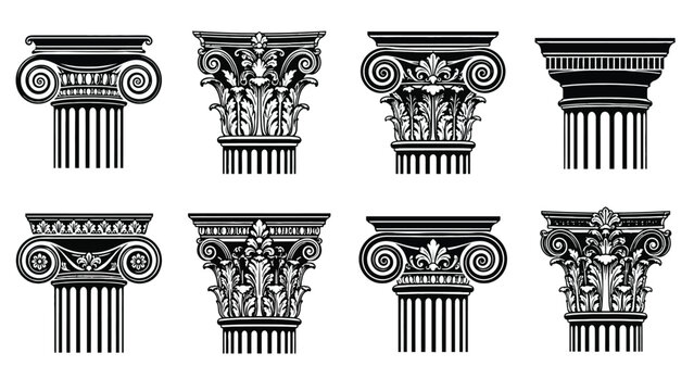 Column Capital Ornament Set with Black Classical Scrollwork and Floral Relief Icons for Vintage Architectural Design