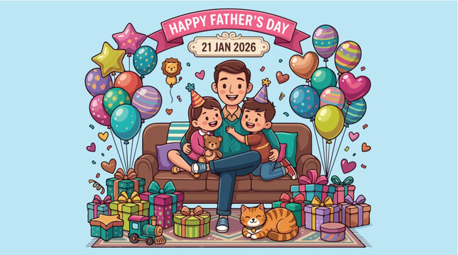 A happy father's day girl celebrates her party at home with colorful balloons, fun kids, and a cute cartoon dog in this festive illustration