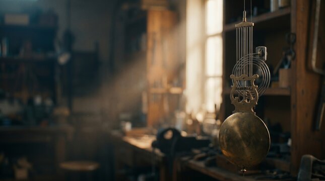 Vintage clock pendulum hanging inside a rustic horology repair workshop