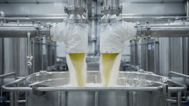 Medium shot focused on split valve mechanisms directing the flow of powder from intermediate bulk containers to multiple production lines under strict containment protocols
