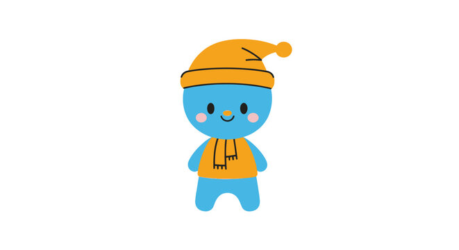 Smiling blue cartoon character in hat.