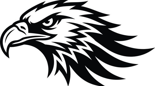 Eagle Head Tattoo Style Icon with Black and White Sharp Feathers and Fierce Eyes for Sport Branding Featuring Animal Mascot, Sports Logo, Monochrome