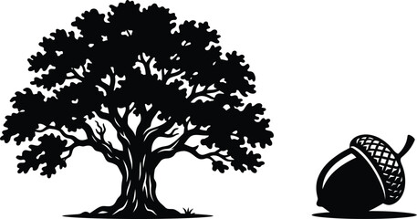 Tree with Acorn in Flat Vector Illustration Style Featuring Minimalist, Nature, Plant with Copy Space and Graphic Elements for Design, Simple © Jebin