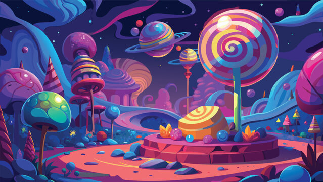 Whimsical candy land landscape with swirling lollipop trees under a vibrant nebula sky vector illustration