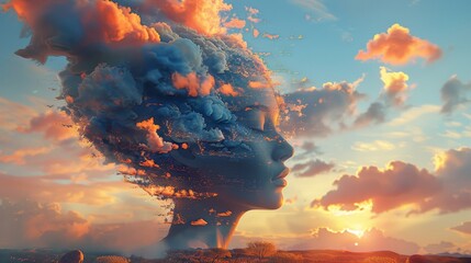 Obraz premium Dreamlike celestial vision, Mystical profile emerges among luminous golden sunset clouds, Serene horizon is filled with glowing shards and drifting embers in sunset sky