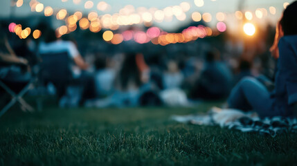 Naklejka premium Sunset Picnic Under String Lights: Blurred Crowd Enjoys Evening Outdoor Gathering on Green Grass