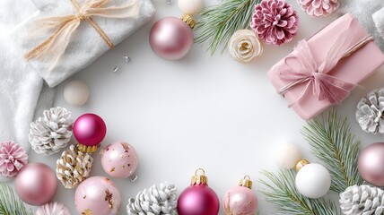 Obraz premium Winter holiday background decorated with festive presents ornaments pine cones and fresh evergreen branches