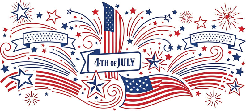Hand drawn 4th of july design with american flags and fireworks sketch for independence day celebration Vector