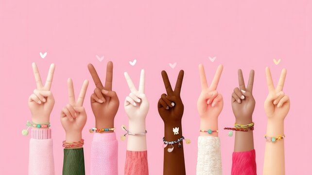 Group of diverse hands showing peace signs with various skin tones representing friendship love and inclusivity