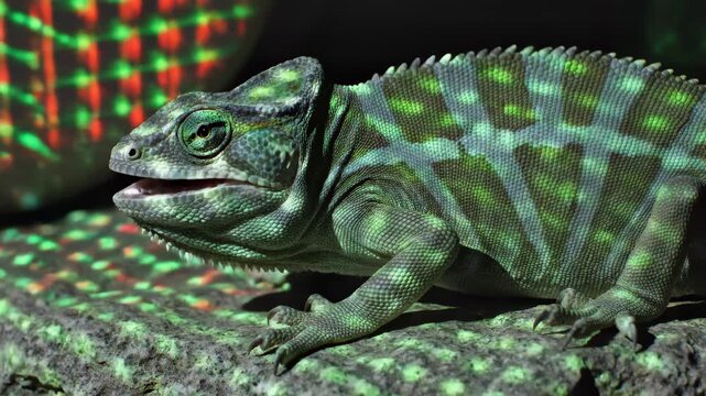 Close-up of a chameleon with colorful light patterns on its skin.