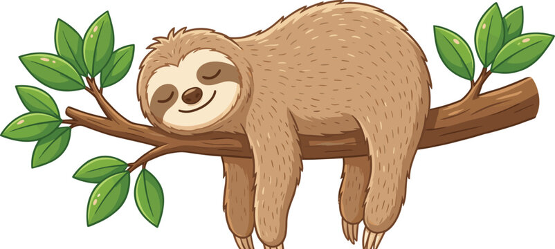 Cute cartoon sloth sleeping peacefully on a tree branch with green leaves, vector illustration isolated on a white background.