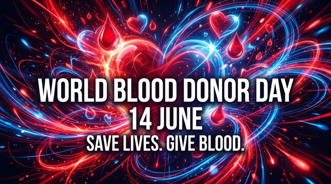 World blood donor day poster with red and blue abstract background and text