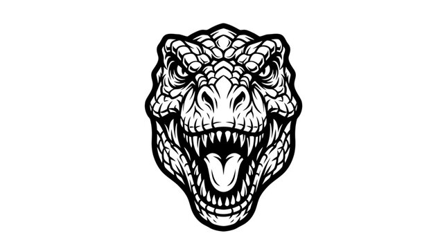 Detailed monochrome vector illustration of a dinosaur head with sharp teeth.