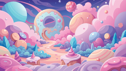 Whimsical candy land vector illustration with pastel planets and sweet treats under a starry sky © CreativeKamrul