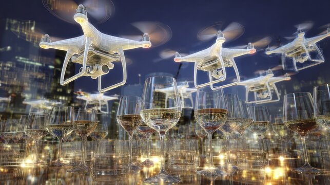 Drones Flying Over Glasses of Wine in Modern Night Cityscape