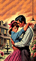 Obraz premium Classic 1950s Romance Illustration Couple in Love Retro Vintage Art Style