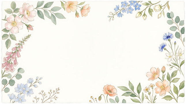 Elegant floral corner frame with delicate wildflowers and greenery, minimalist design for invitations