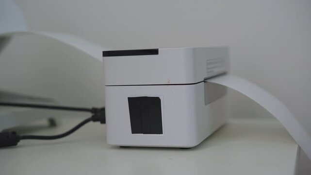High-quality sound recording in uncompressed WAV format of a small thermal printer printing on a table, with paper feed movement and clear mechanical device sounds for sound design and audio library