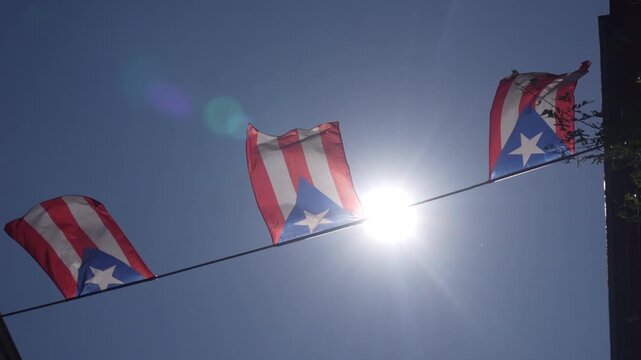 Four Puerto Rican flags waving in the wind against a clear blue sky on a sunny day
