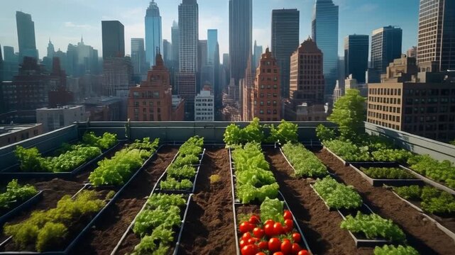Aerial view of urban rooftop garden with city skyline backdrop
