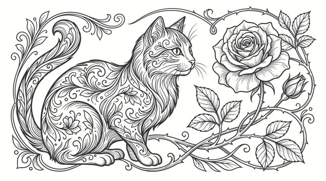 Decorative cat and rose flower line art illustration.