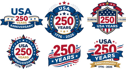 USA 250 years anniversary celebration badges and labels with american flag colors and stars  usa 250th anniversary emblems © Afia
