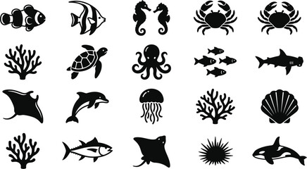 collection of ocean animal and plant silhouettes for graphic design  sea creatures © Afia