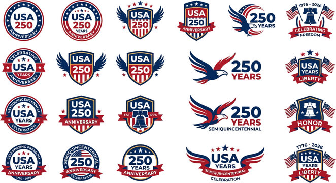 USA 250th anniversary celebration badges and labels with eagle and american flag  semiquincentennial logos