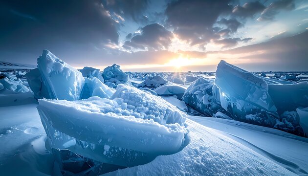 Iceberg landscape at sunrise or sunset.